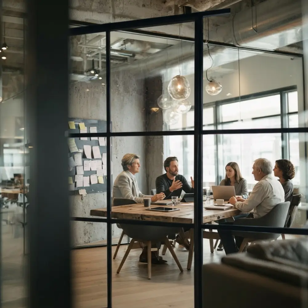 Six professionals sit around a wooden conference table in a glass-walled coworking space, discussing with laptops and notes nearby.