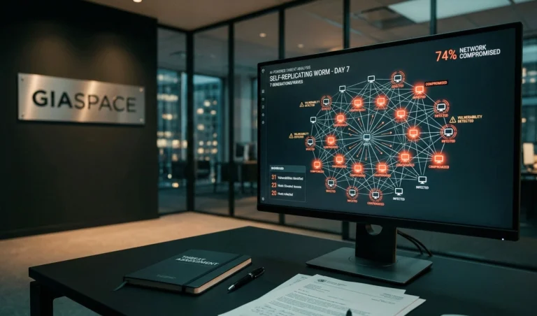 Office desk with a large monitor displaying a complex network diagram and threat indicators, background sign reads GIASPACE.