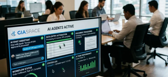 Office workspace with a computer monitor displaying an AI agents dashboard labeled 'AI AGENTS ACTIVE'.