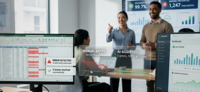 Office scene with four people presenting dashboards on multiple monitors displaying charts and graphs on a bright, modern floor plan.