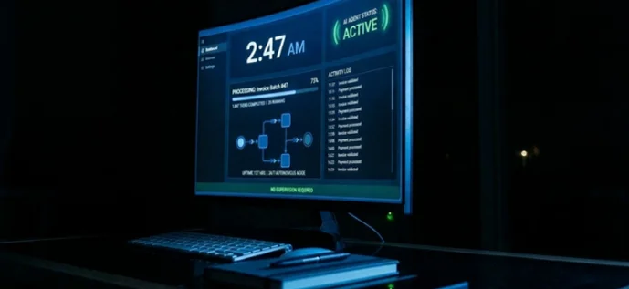 Computer monitor at night displaying a dark futuristic dashboard with '2:47 AM' and an 'ACTIVE' status, plus network diagrams and data panels.