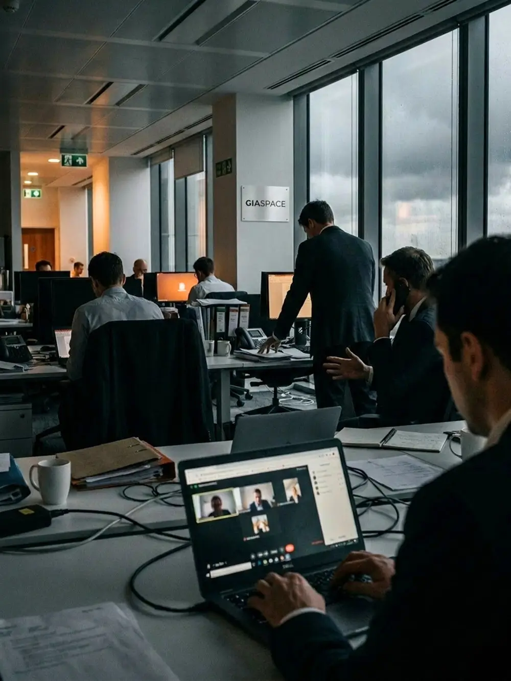 Open-plan office scene with multiple desks and people working on computers; a man in a suit stands by a desk gesturing, while others chat, and a laptop on the foreground screen shows a video conference.