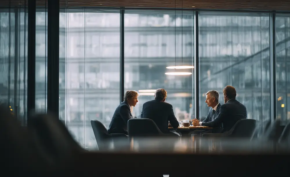 Four businesspeople in suits sit around a table in a glass-walled conference room, engaged in a discussion.
