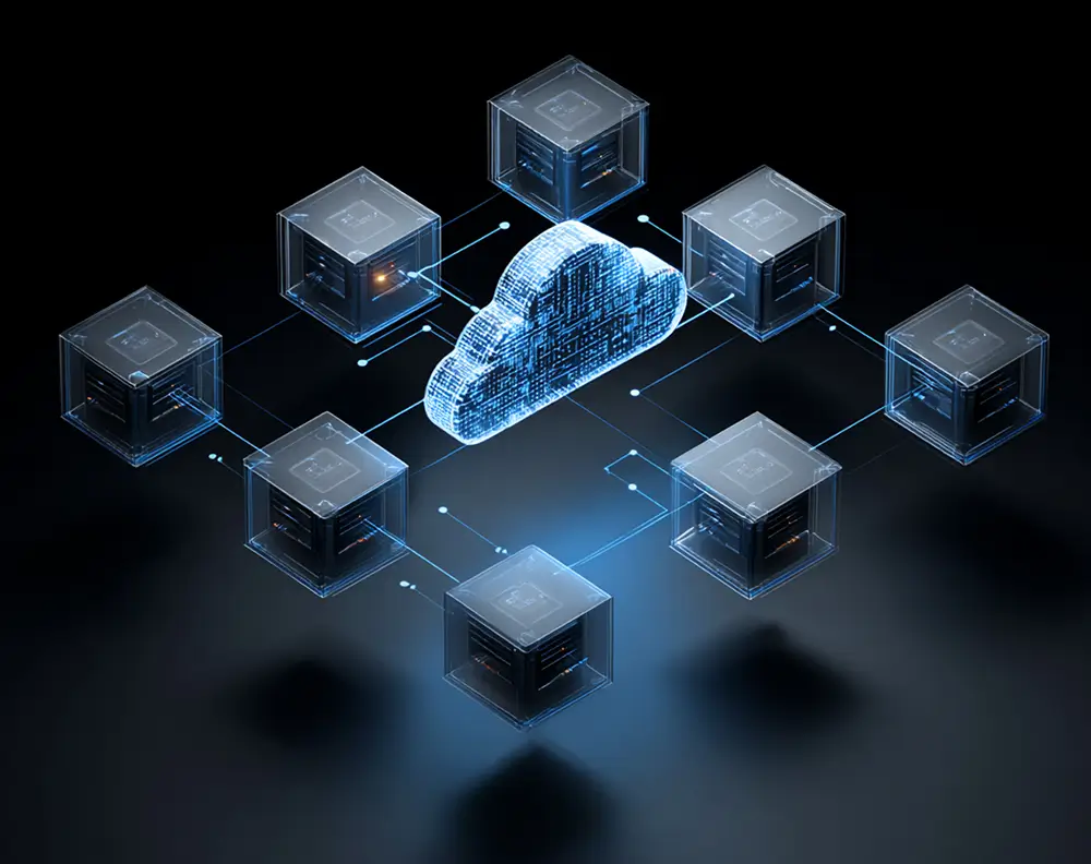 Blue holographic cloud at the center connected to multiple translucent server blocks, depicting cloud computing and distributed storage.