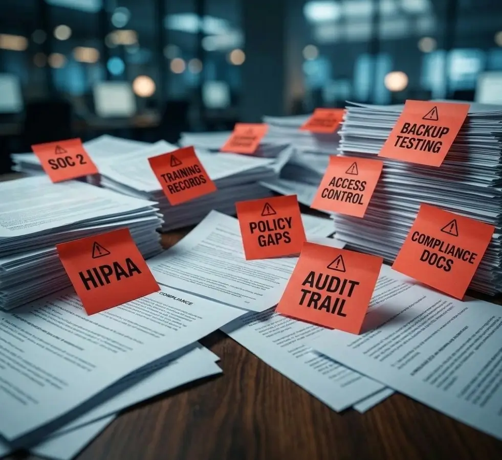 Stacks of paperwork with orange sticky notes labeled HIPAA, Audit Trail, Policy Gaps, Compliance Docs, Access Control, Training Records, Backup Testing – signaling a compliance review environment