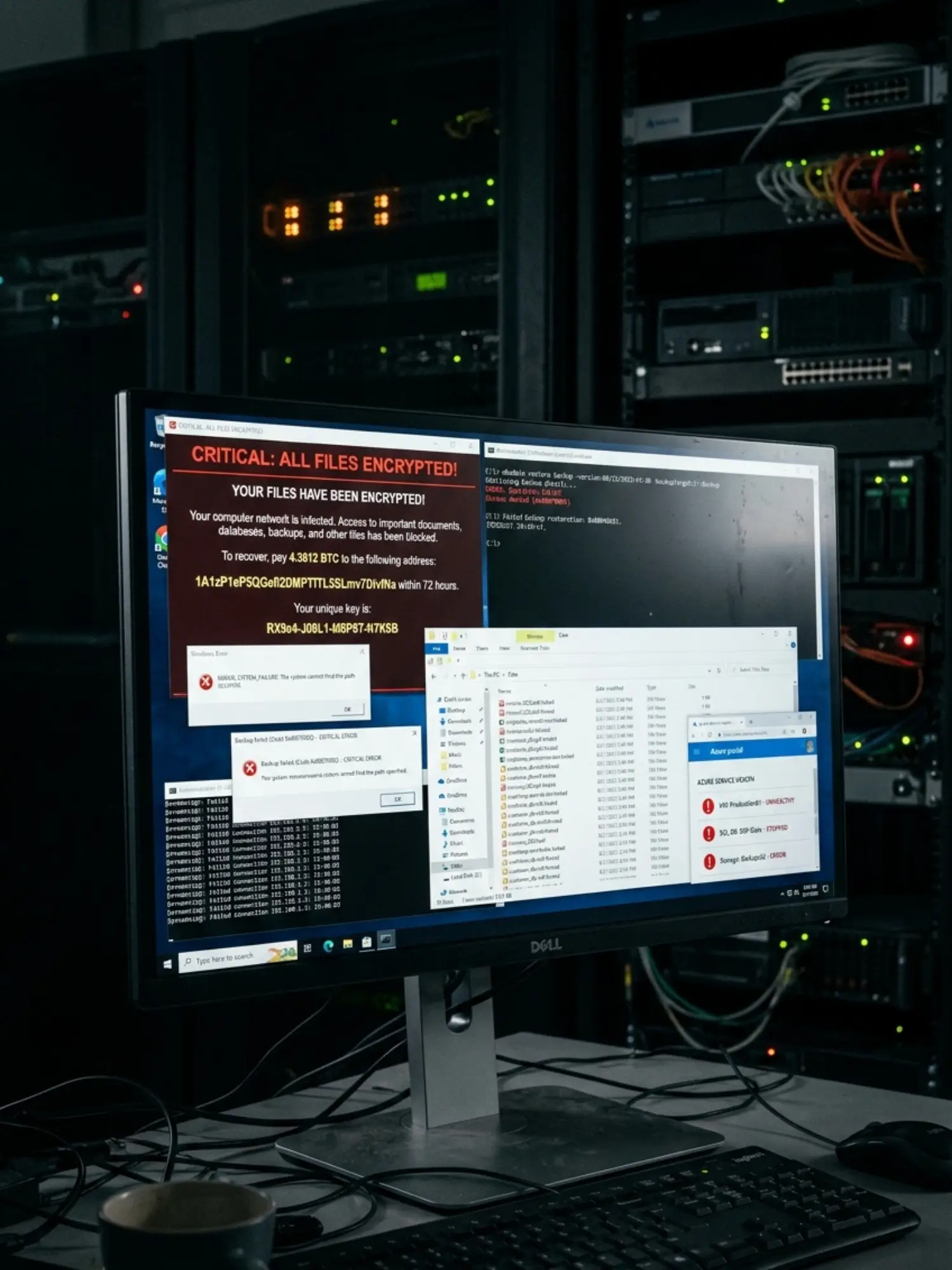 Monitor in a data-center setup showing a ransomware screen: “CRITICAL: ALL FILES ENCRYPTED!” with multiple windows and error dialogs nearby