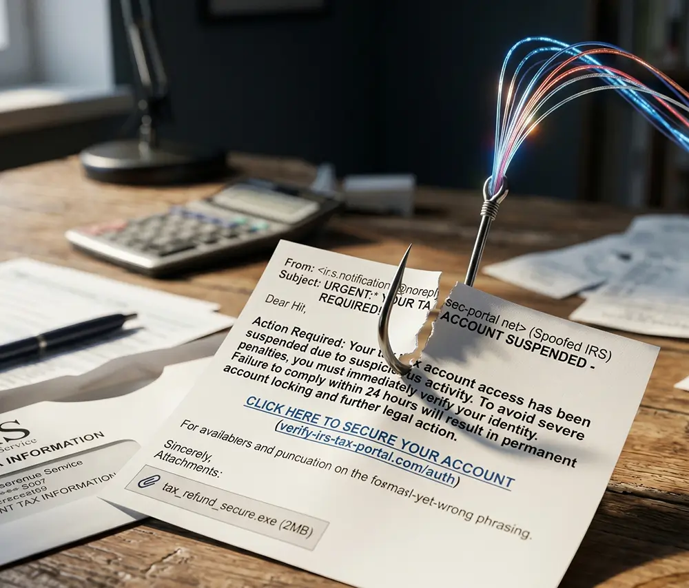 Phishing email on a desk with a fishing hook threaded through the paper, suggesting a scam message about a suspended tax account.