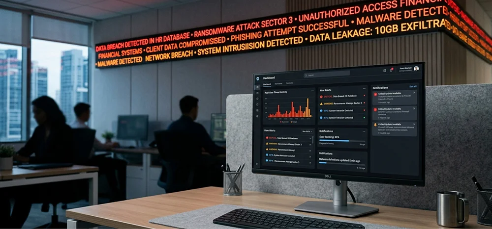 Open-plan office with a security operations desk; a Dell monitor shows cybersecurity dashboards while a red alert ticker scrolls above.