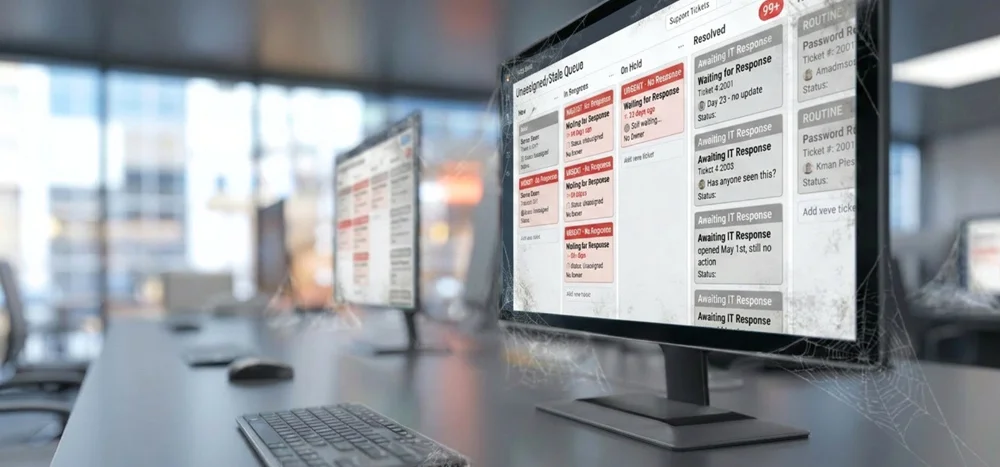 Office workspace with a large monitor displaying a ticket queue and status messages