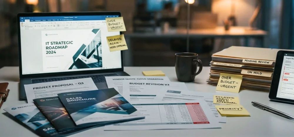Desk workspace with a laptop showing 'IT STRATEGIC ROADMAP 2024' and scattered documents, sticky notes, and a mug nearby.