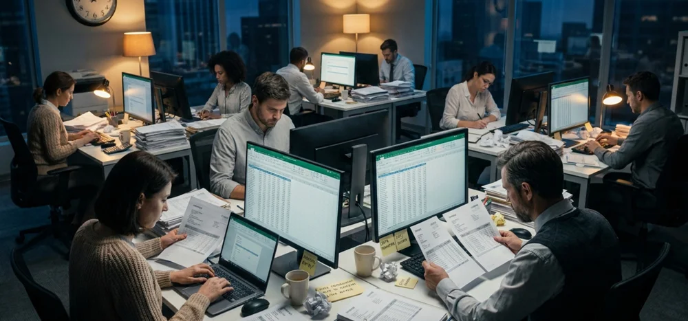 Open-plan office at night with colleagues working at desks cluttered with monitors, papers, and sticky notes.