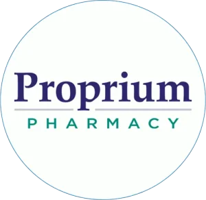 Proprium Pharmacy logo: blue 'Proprium' text with a gray line underneath, and green 'PHARMACY' text inside a white circle.